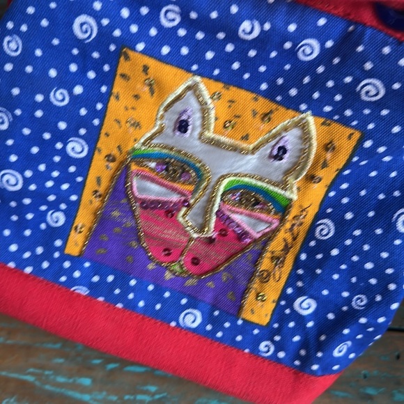 Laurel Burch Colorful Canvas Cat Print Shoulder Tote Bag Purse with Drawstring - Picture 4 of 10